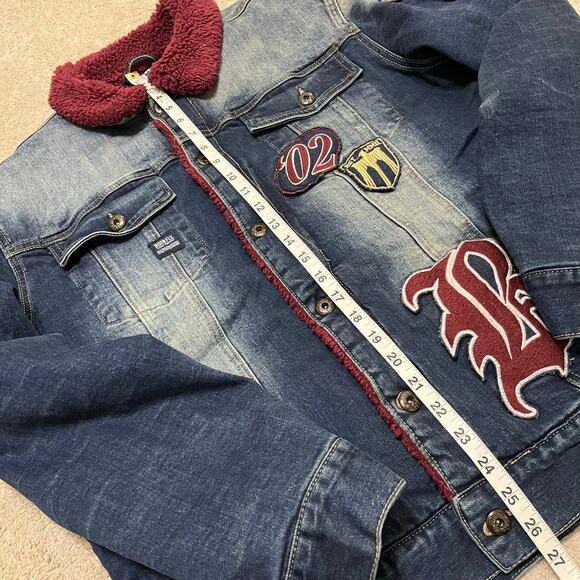 Born Fly Y2K Red Sherpa Lined Acid Washed Faded Denim Jacket XL - Picture 5 of 7
